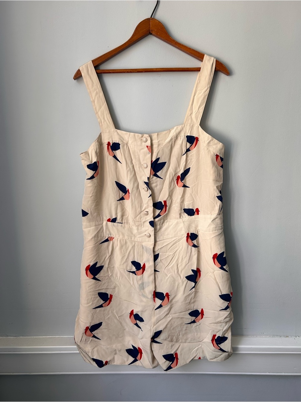 NWT Marc by Marc Jacobs 100% Silk Bird Print Button Front Romper Ivory Women’s L